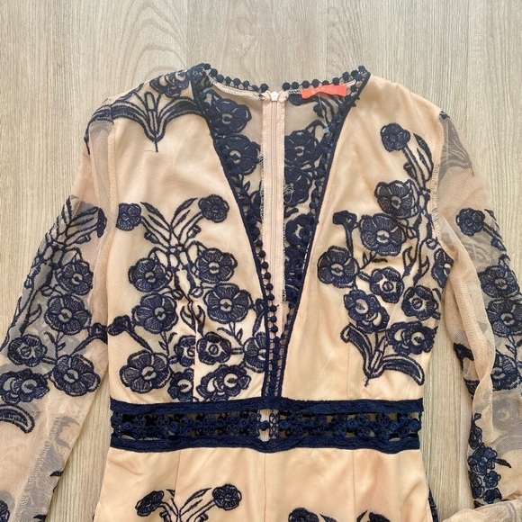 BANJUL Nude & Navy Blue Long Sleeve Romper Tattoo Lace Floral Mesh - Picture 2 of 10